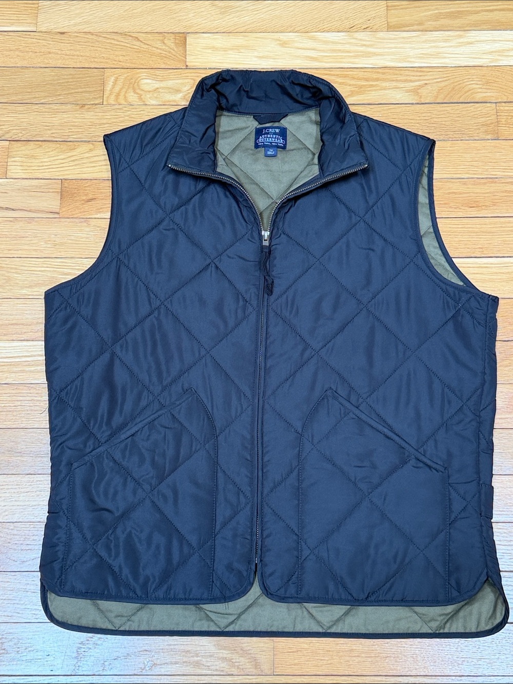 J. Crew Quilted Reversible Vest in Black with Olive Lining